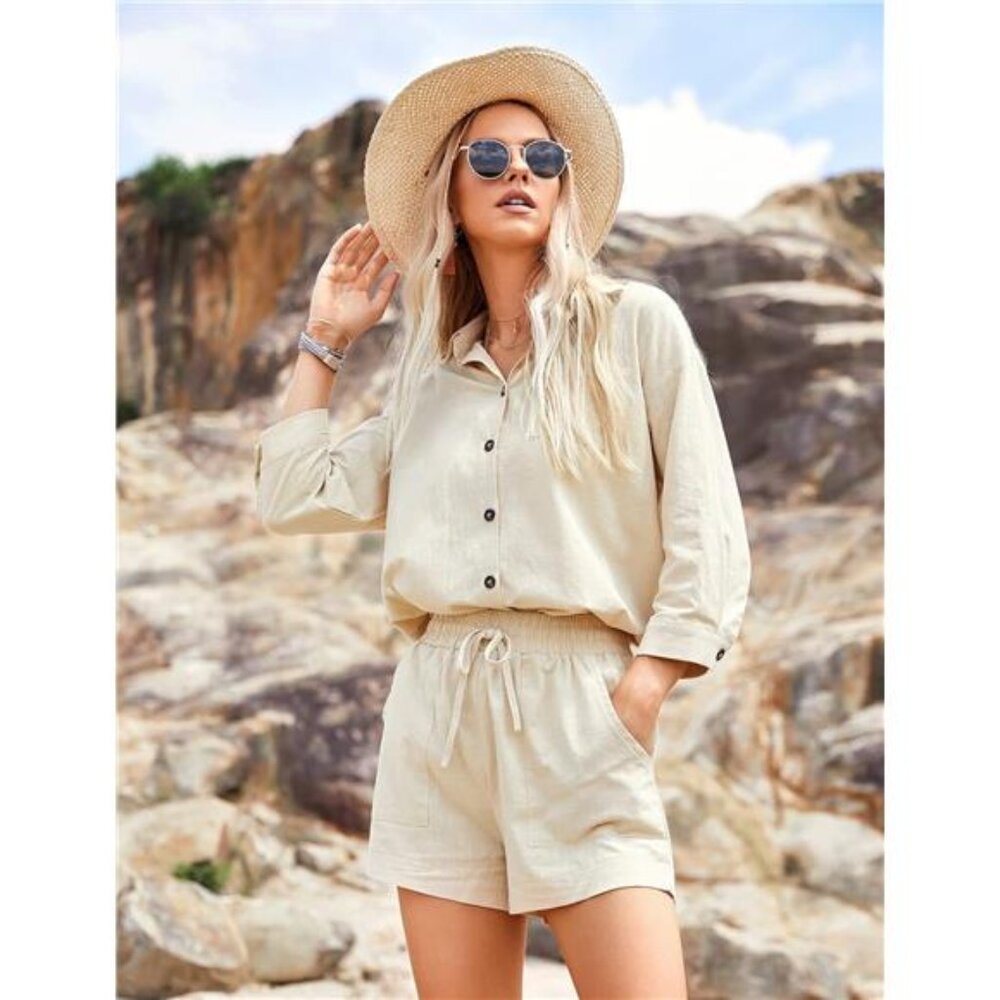 Zeagoo Women’s 2 Piece Lounge Tracksuit Outfit Sets Cotton Linen High Low Shirt - Picture 2 of 7